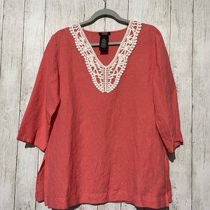 Premise Coral Embroidered Linen Blend 3/4 Sleeve Pullover Top‎ Shirt sz M